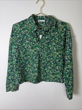 Zara Cropped Polo Shirt women’s Small Green Ditsy‎ Floral Long Sleeve preppy